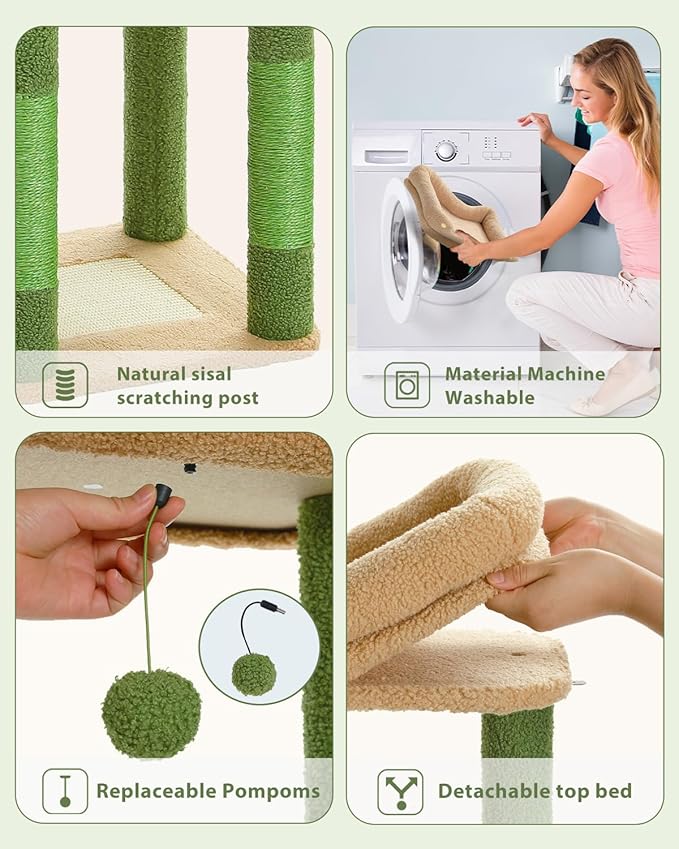 59" Cactus Cat Tree, Large Cat Tree for Indoor Cats, Cat Tower for Large Cats, Multi-Level Tower, Condo with Hammock, Scratching Post, and 2 Perches, Green