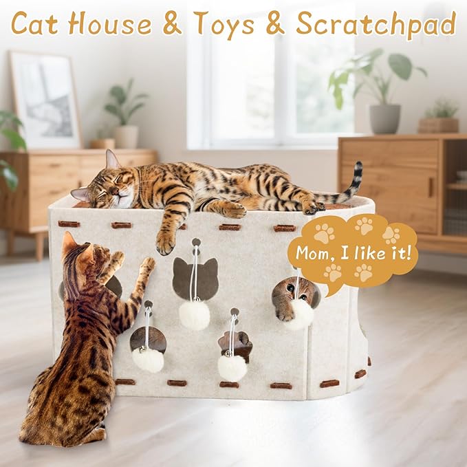 BABORUI Cat House for Indoor Cats, Large Foldable Cat Bed Cave with 5 Fluffy Ball Hanging, Felt Cat Hideaway with 8 Tunnels for Multi Pet Cats Kitten & Adult Play