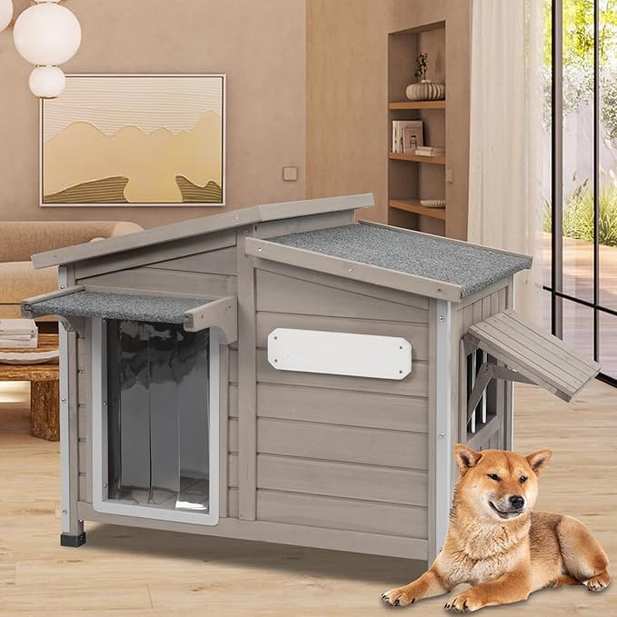 PetsCosset Dog House Outdoor Weatherproof, Anti-Chewing Iron Frame Dog Kennel Outside, Wooden Outside Shelter Pet House for Small, Medium, and Large Dogs with Elevated Floor (Grey, 44" L*30" W*34" H)