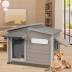 PetsCosset Wooden Dog House Outdoor, Anti-Chewing Iron Frame Dog Kennel Outside, Weatherproof Outside Shelter Pet House for Small, Medium, and Large Dogs with Elevated Floor (Grey, 34" L*22" W*27" H)