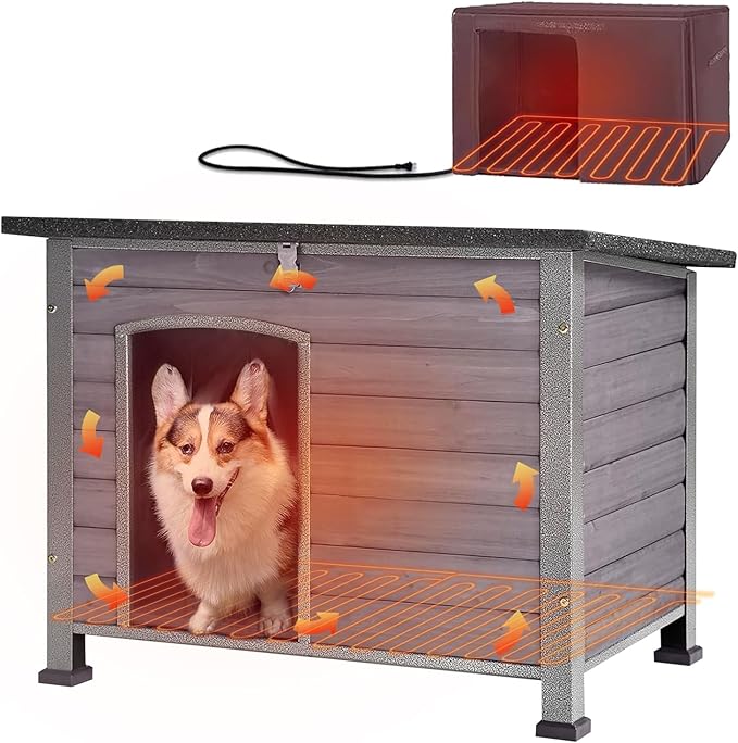 GUTINNEEN Heated Dog House Outdoor Insulated Dog Kennel with Heater, Durable Metal Frame, Chew-Resistant Cord, 6-Sided Thermal Liner, PVC Door Curtain for Winter (Grey)