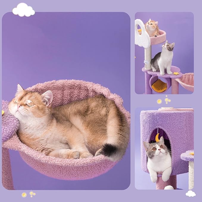 Lucky Monet 59 Inches Cat Tree for Indoor Cats, Multi-Level Cat Tower for Large Cats Cute Purple Pink Cat Tree Unique Cat Condo with Scratching Post Hammock Condo Pompom Ball Toy