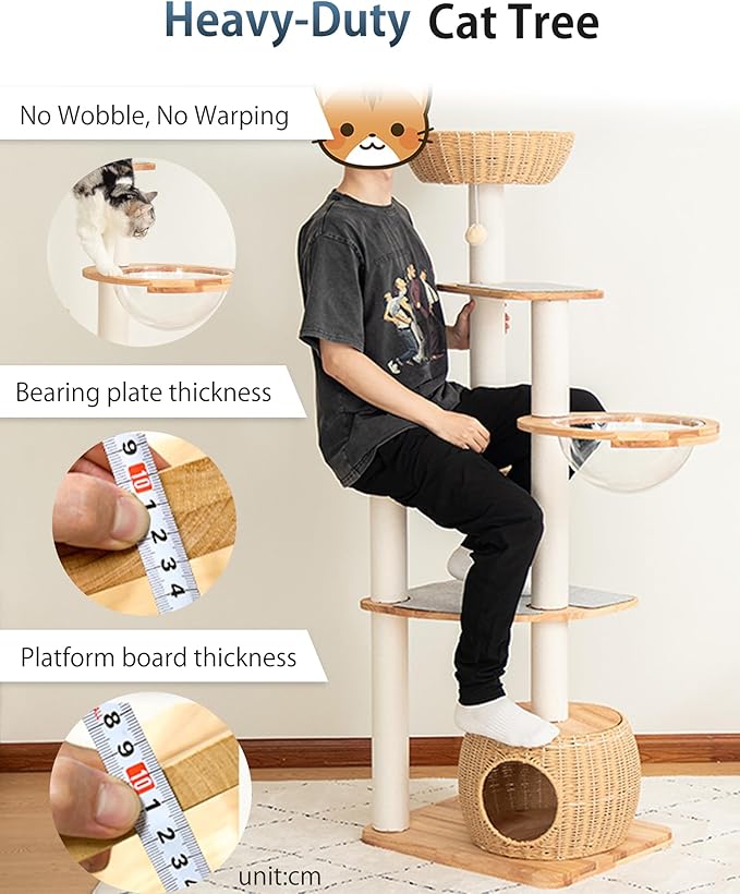 Modern Cat Tree for Large Cat, 63-Inch Tall Cat Tower with Scratching Post for Indoor Cats, Multi-Level Cat Condo with Hand-Woven Cat Bed and Acrylic Bowl