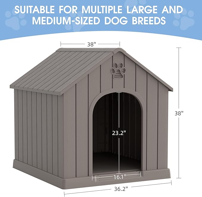Fancyango Large Dog House Outdoor Indoor, Sturdy Plastic Waterproof Doghouse with Air Vents and Elevated Floor, Easy Clean and Assemble for Medium Large Dogs (Classic Grey, 36.2''L×38''W×38''H)