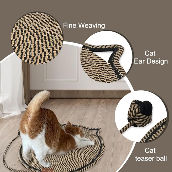 Personalized Cat Scratcher Mat, Customized with Name Text Natural Cotton Rope Round Horizontal Cat Scratching Pads with Ball Toy, Cat Furniture Protector for Wall, Couch, Carpets, Sofa (Chocalate)