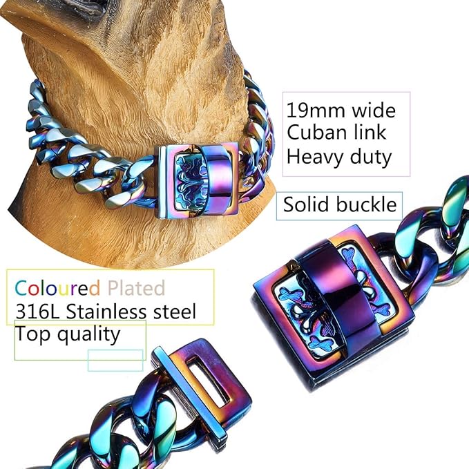 19 mm Dog Collar Rainbow Heavy Duty Stainless Steel Dog Colorful Luxury Training Collar Cuban Link with Durable Clasp Necklace Chain