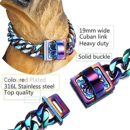 19 mm Dog Collar Rainbow Heavy Duty Stainless Steel Dog Colorful Luxury Training Collar Cuban Link with Durable Clasp Necklace Chain