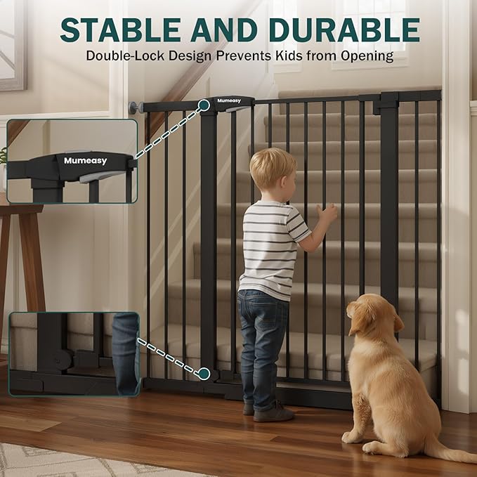 Mumeasy 36" Extra Tall Dog Gate, Auto Close Baby Gate for Stairs Doorways, 29.7-46" Wide Walk Thru Child Safety Gate for House, Easy Install Pressure Mounted Metal Pet Gate with Door, Black