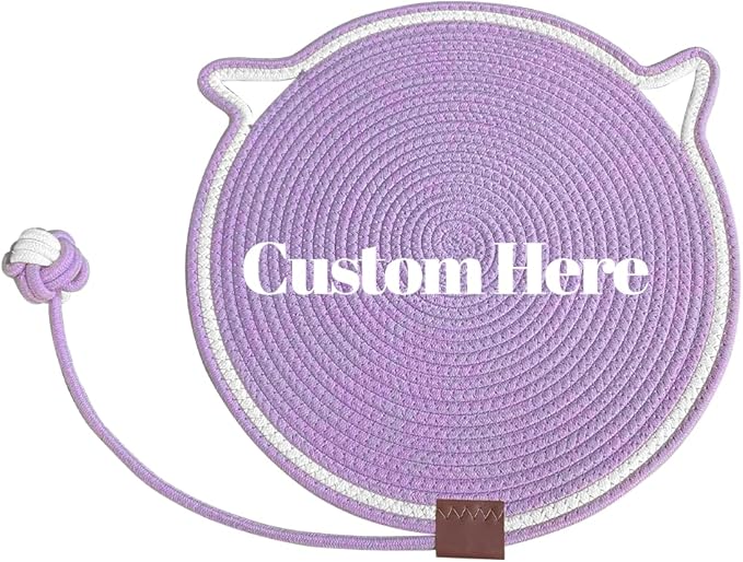 Personalized Cat Scratcher Mat, Customized with Name Text Natural Cotton Rope Round Horizontal Cat Scratching Pads with Ball Toy, Cat Furniture Protector for Wall, Couch, Carpets, Sofa (Purple)