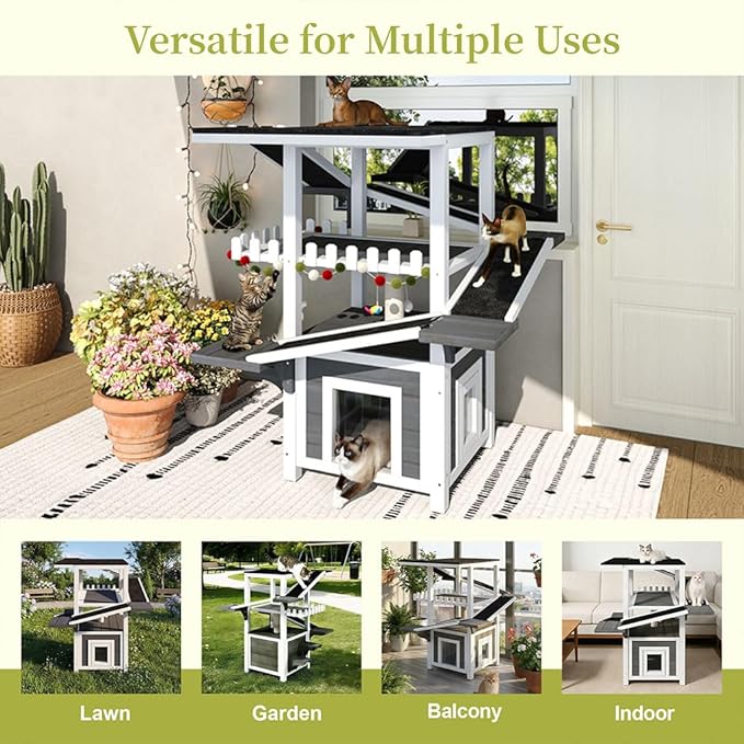 4-Tier Cat Tree Outdoor/Indoor Cat House, Weatherproof Wooden Cat Tower, Multi-Level Feral Cat Shelter with Ramps, Scratching Post & Enclosed Condo, Outside Cat Enclosure for Multiple Cats,Grey white