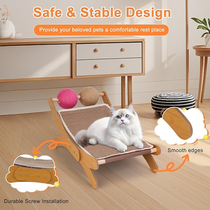 Outamateur Cat Scratching Pad, Cat Scratcher Bed, Cats Mini Chair with Sisal Scratching Ball and Bell, Cats Lounger with Removable Scratching Pad for Indoor Small Pets