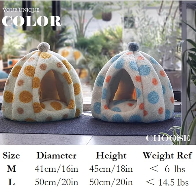 Cat Polka Dot Yurt Bed, Plush Warm Semi-Enclosed Cave Hideaway, Soft Comfy House for Indoor Kitten (Blue,Medium)