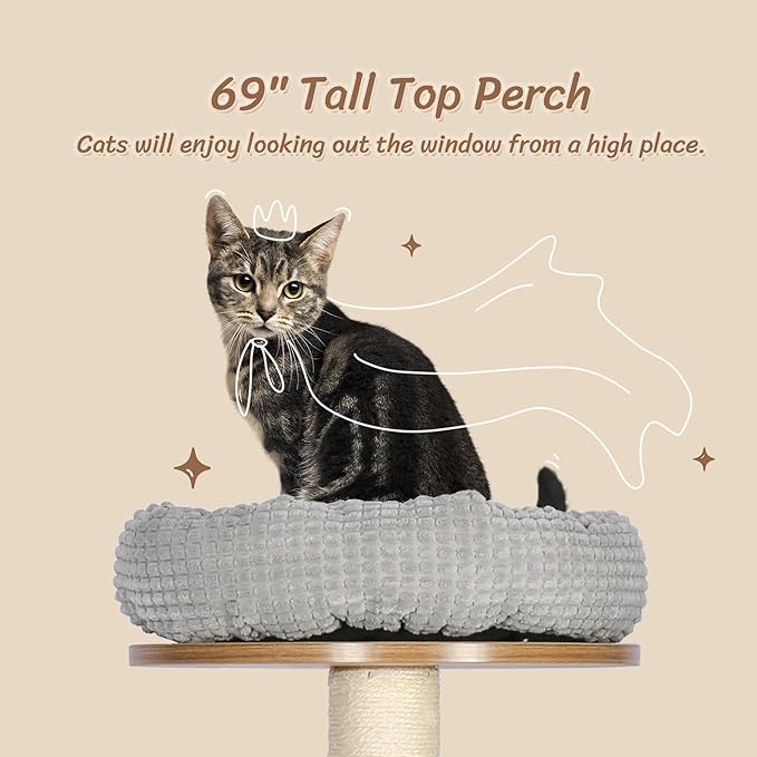 KAMABOKO Solid Wood Cat Tree, 69” Large Tall Cat Tower Multi-Level Platforms with Sisal Scratching Posts, Cat Tree for Large Cats 20 lbs Heavy Duty, Cat Condo Furniture for Active Cats