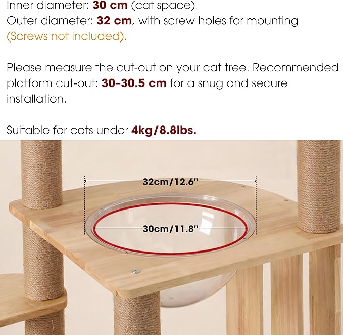 11.8" Acrylic Dome Clear Plastic Pet Cat Bubble Window Capsule Space Cover, Transparent Furniture Replacement for Nest Bed Hammock Catching Tree Shelves Window Perch Accessories, Cat Tree Not Included