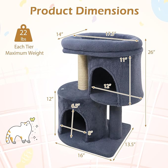 Tangkula Small Cat Tree for Indoor Cats, 26 Inch Cat Tower with Sisal Scratching Posts, Dual Cat Condos with Large Padded Push Perch, Modern Cat Climbing Furniture Activity Center (Dark Grey)