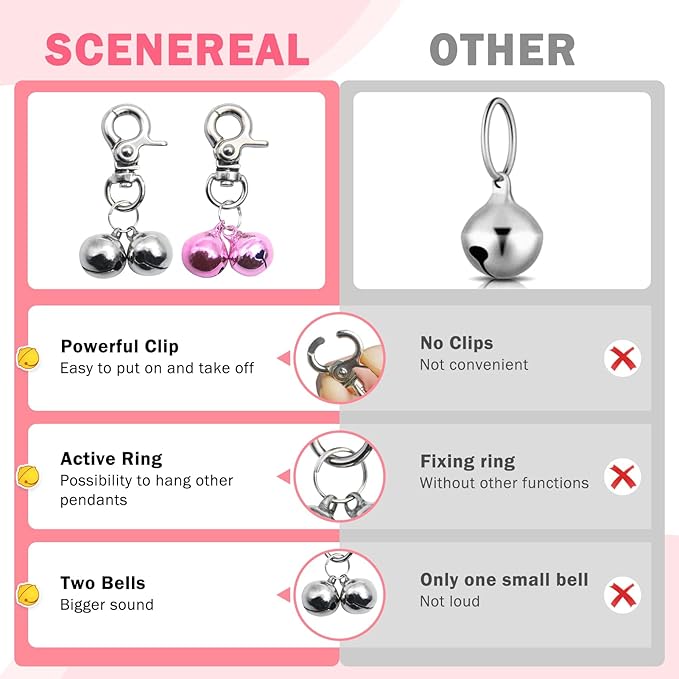 SCENEREAL Bells for Dog Collars - 2 Pack Pet Hanging Ring Bell Accessories for Dog & Cat, Pet Pendant Collar Charm with Heavy Duty Snap Clips, Sliver Bells for Tracking and Training Christmas Gift