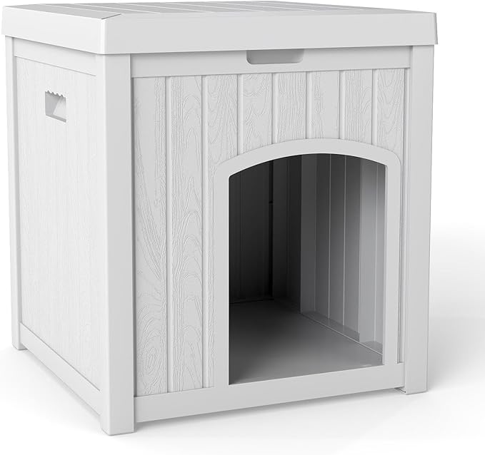 Indoor Dog House Weatherproof Outdoor Dog Houser for Small Medium Dogs, Resin Plastic Igloo Dog House with Flip Lid and Elevated Floor, Easy Assembly for Cat Puppy Shelter (White)