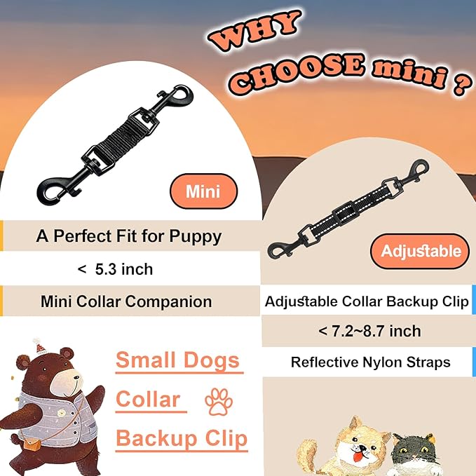 2 Pcs Mini Dog Collar Safety Clips with Double Ended Clasps | Collar Backup Clip for Small Dog Harness & Collars Connectors, Puppy Gentle Lead Companion, Safety Clip - Black