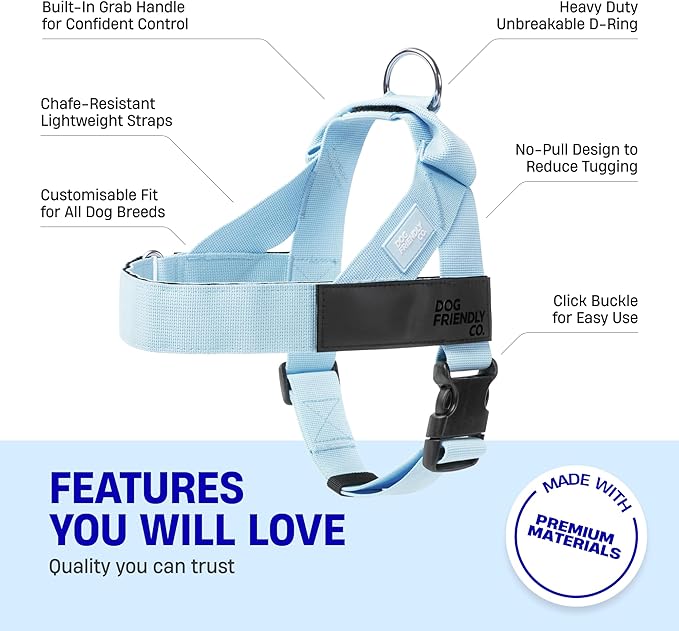 DF Co. Dog Harness | Chafe Resistant Webbing, Adjustable Neck & Chest, and Heavy Duty D-Ring | Sturdy, Comfortable, Easy to Use | Sky Blue, Size M