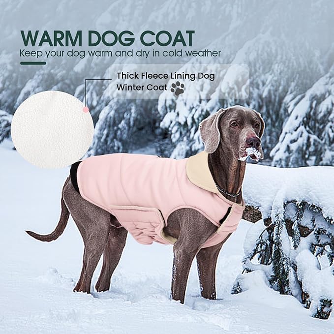 Kuoser Small Dog Coat, Cold Weather Reflective Waterproof Dogs Jacket with Warm Fleece Lining, Turtleneck Dog Winter Coat with Zipper, Doggy Snow Jacket Pet Coats for Small Medium Large Dogs, Pink XS