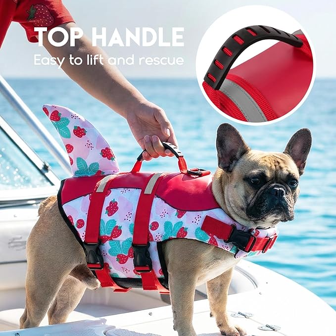 ASENKU Dog Life Jacket - Pet Safety Vest for Swimming & Boating, Shark Life Jacket with Floatation, Dog Lifesavers Swimsuits for Small Medium Large Dogs (Strawberry, M)