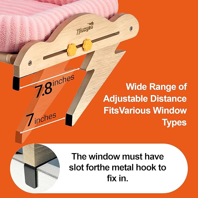 Cat Window Perch, Adjustable for Standard Window Sills Up to 7" Deep with Gap/Slot, Sturdy Wooden Cat Window Hammock Holds Up to 45 lbs, Washable Sherpa Cushion Window Seat for Large Indoor Cats