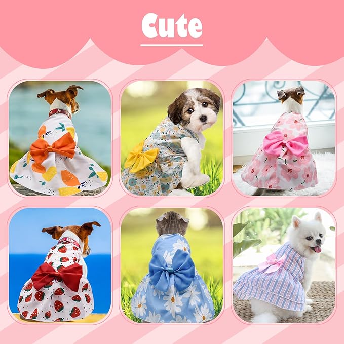 6 Pieces Dog Dresses for Small Dogs Girls, Cute Princess Puppy Kitten Dog Dresses with Flowers and Bowknot for Pet Cats, Small Dogs Outfits Female Pet Skirts Clothes for Chihuahua Yorkies