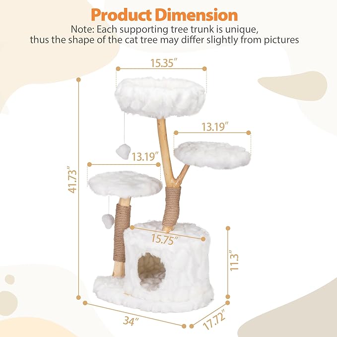 COZIWOW Modern Cat Tree Tower, Cloud Cat Tree with Solid Natural Wood Scratching Post, Luxury Condo & Perches, Aesthetic White Cat Furniture for Indoor Large Cats, 34" L X 17.7" W X 41.7" H