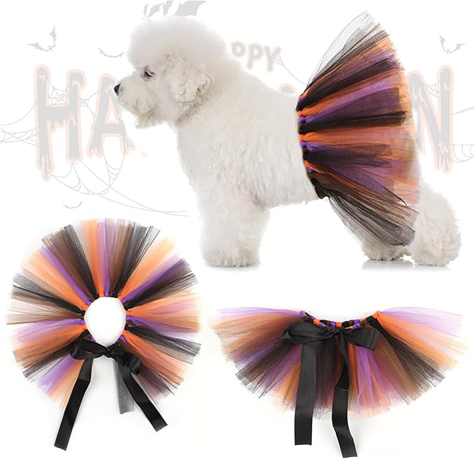 Elegant little tail Halloween Dog Costume, Pet Halloween Dress Set Orange and Purple Puppy Party Supplies, Cute Tutu Skirt Outfit for Small Medium Large Girl Boy Dogs & Cats