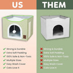 EverBrightly Cat Condo Bed | Foldable Pet Cave with Scratcher Pad, Reversible Cushion & Hanging Toy Ball | Indoor Hideaway, Lounge Perch & Playhouse, Durable Linen with Cozy Sherpa