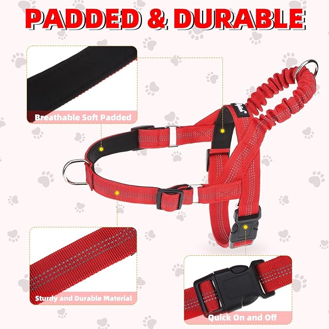 PUPTECK No Pull Dog Harness Medium Sized Dog, Adjustable Reflective Pet Vest Harness with Bungee Handle, Escape Proof No Choke Harness for Medium Dogs Walking Training, Red M
