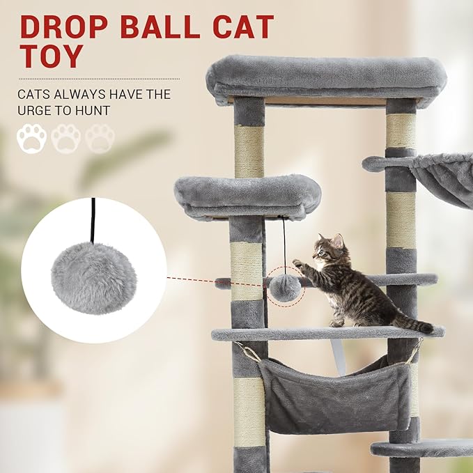 GarveeHome 67 in Cat Tree for Large Cats, Features Scratching Post, Cat Condo, Platforms, Tunnel, Hammock, Food Station & Bowls – Ideal for Indoor Cats, Light Gray