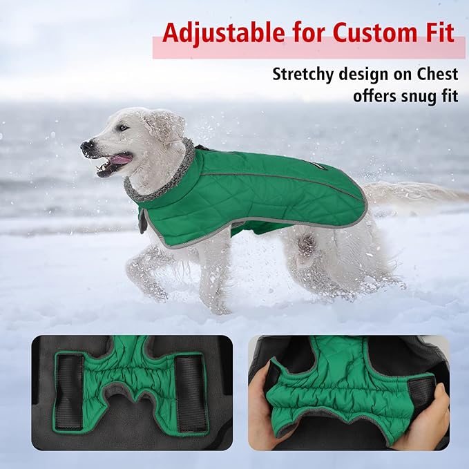 Fragralley Dog Coat Medium, Waterproof Dog Jacket with Warm Fleece Lining, Adjustable Reflective Dogs Winter Coat, Turtleneck Pet Coats for Cold Weather (Green M)