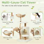 Erinnyees 54" Real Wood Cat Tree for Indoor Cats, Modern Boho Cat Tower with Woven Basket Beds, Natural Branch Scratching Post, Luxury Cat Condo Furniture, White