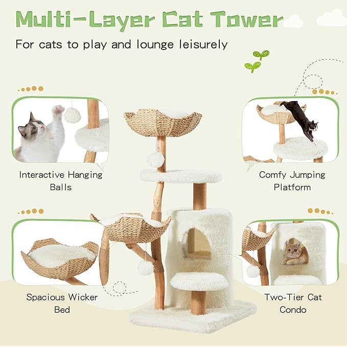 Erinnyees 54" Real Wood Cat Tree for Indoor Cats, Modern Boho Cat Tower with Woven Basket Beds, Natural Branch Scratching Post, Luxury Cat Condo Furniture, White