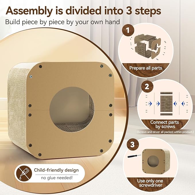 Cat Scratcher House, Cozy Cardboard Design, Safe and Secure for Kittens, Eco-Friendly,Plain Board (Square)