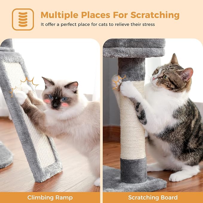 Cat Tree, Multi-Level Cat Tower for Indoor Cats, Cat Climbing Tree Condo with Sisal Covered Scratching Posts, Deep Hammock and Interactive Cat Toy, Gray
