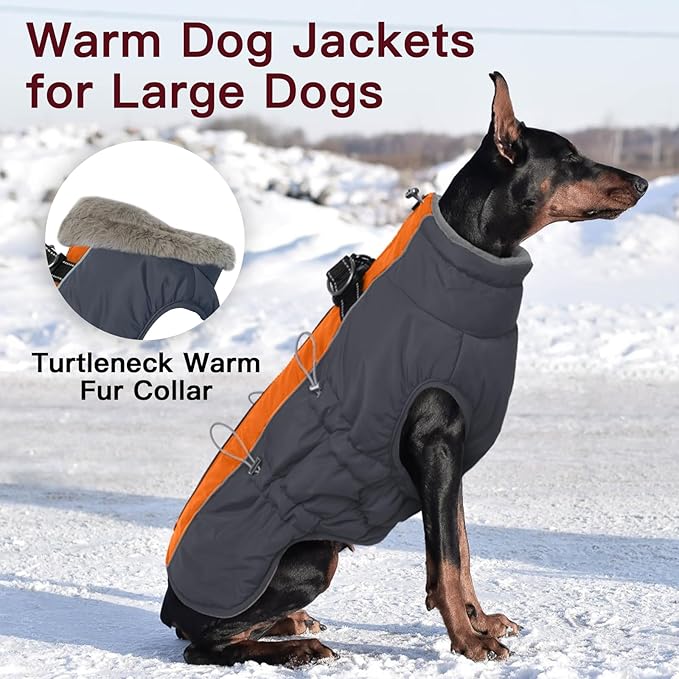 Dog Coat - Large Dog Winter Jacket, Warm Zip Up Snowsuit, Reflective, Water-Resistant, Orange-Gray