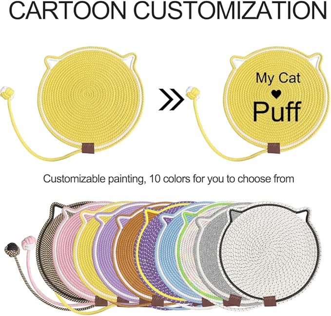 Personalized Cat Scratcher Mat, Customized with Name Text Natural Cotton Rope Round Horizontal Cat Scratching Pads with Ball Toy, Cat Furniture Protector for Wall, Couch, Carpets, Sofa (Yellow)