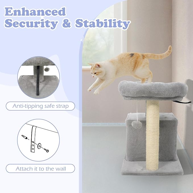 Tangkula Small Cat Tree for Indoor Cats, Cat Tower with Sisal Scratching Posts, Hanging Pompom, Cat Condo with Large Padded Plush Perch for Small Spaces, Kittens (Light Grey)