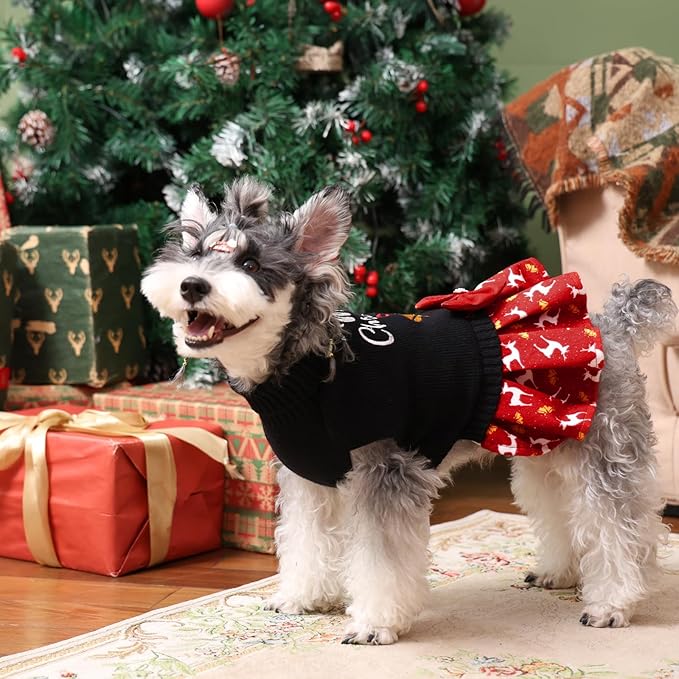 CuteBone Christmas Dog Sweater for Small Dogs Girl, Turtleneck Medium Dog Sweater with Bowtie Leash Hole, Warm Pet Sweaters Knitwear for Small Dogs DS106M