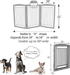 ZJSF Freestanding Foldable Dog Gate for House Extra Wide Wooden Grey Puppy Gate Stairs Dog Gates Doorways Tall Pet Gate 32" Height 3 Panels Pet Fence