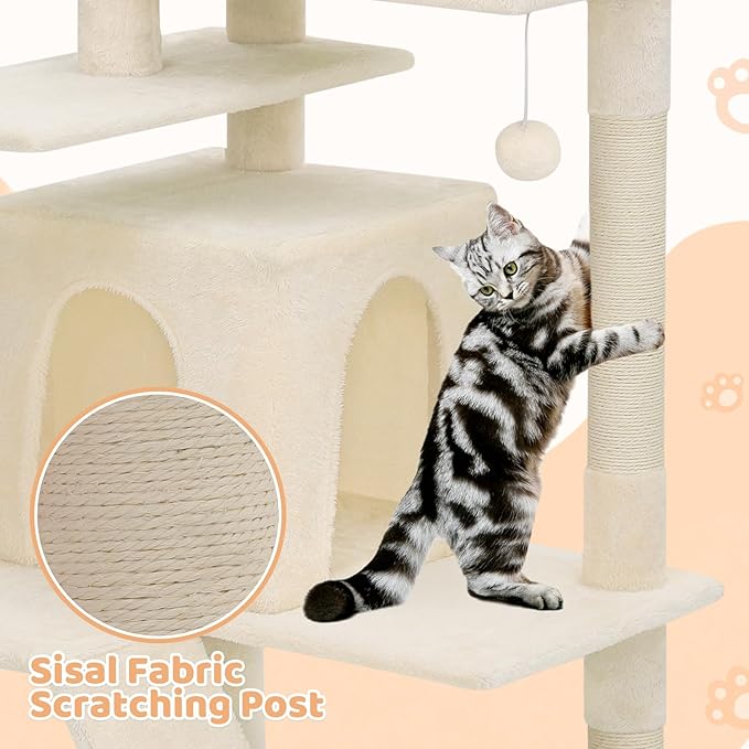 Tall Cat Tree with Scratching Post, 2 Cat Condos and Ladder, Cat Tower for Indoor Cats Kittens Climbing Tower with Anti-Tipping Rope, 77 Inch, Beige