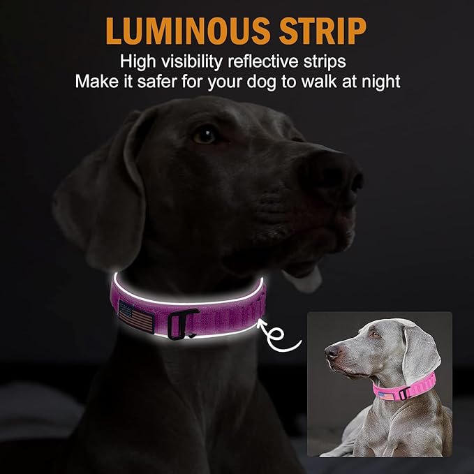 HYDEME Tactical Dog Collar, Alpine Loop Adjustable Military Training Nylon Dog Collars with Handle and Reflective for Small Medium Large Dogs, with Airtags Protective Case & Patches.(XL,Pink)
