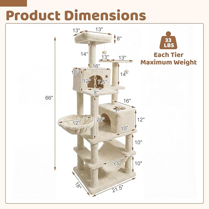 DORTALA Cat Tree for Indoor Cats, 66" Tall Cat Tower with 2 Condos, Sisal Scratching Posts, Plush Perch, Hammock, Dangling Balls, Multi-Level Pet Climbing Furniture Activity Center (Beige)