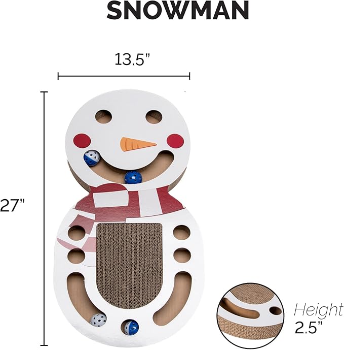Furhaven Scratching Pad Ball Track Cat Toy w/ Catnip for Indoor Cats - Giant Snow Man Holiday Corrugated Busy Box Scratcher - White, One Size