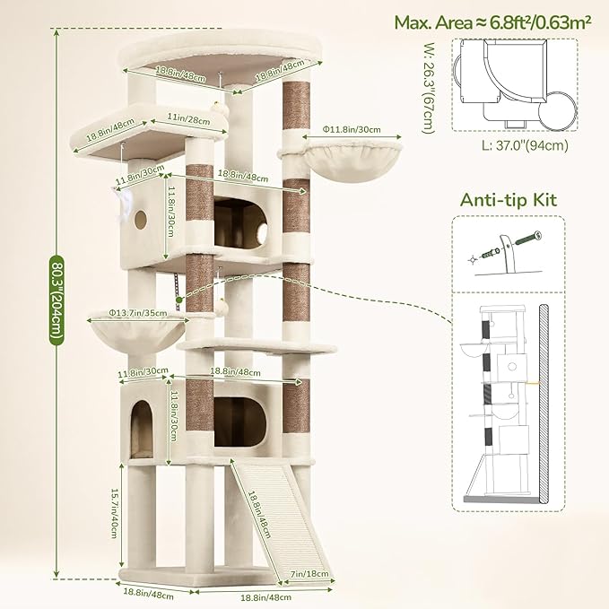 Globlazer Extra Large Heavy Duty Cat Tree, 80in Tall Sturdy Cat Tree Tower for Multiple Indoor Cats Large Adult with Scratching Posts, 2 Spacious Condos with Padding, 2 Soft Perches, S80C, Beige