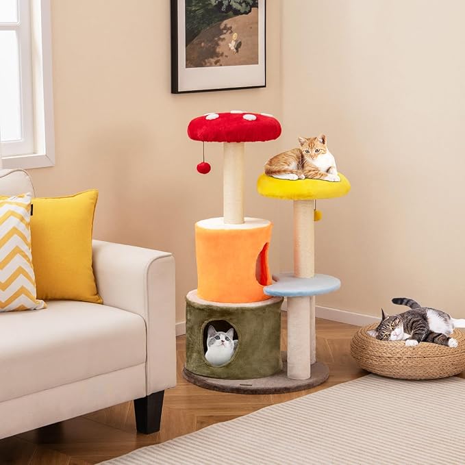 PETSITE Mushroom Cat Tree, Multi-Level Cute Cat Tree Tower with Sisal Scratching Posts, Cat Condo, Soft Plush Perches, and Dangling Toys for Indoor Cats (43 Inch)