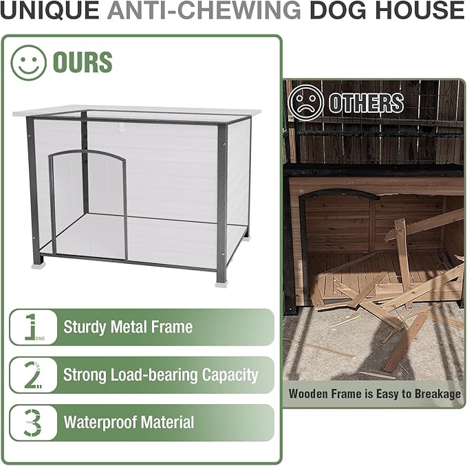 43.3’’ Large Dog House Outdoor Weatherproof Dog Kennel with Upgraded Thickened Metal Frame, Dog Shelter with PVC Curtain, Openable Roof and Removable Floor, Easy to Clean (Grey)
