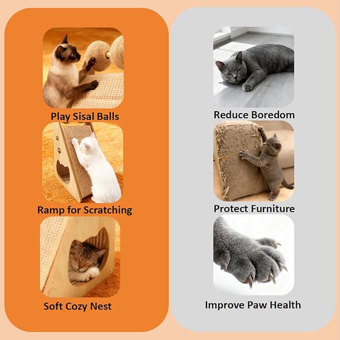 Sisal Cat Scratcher Ramp, Scratching Post Vertical Cat Toy Scratch Pad with Balls for Indoor Cats, Solid Wood Cat Furniture